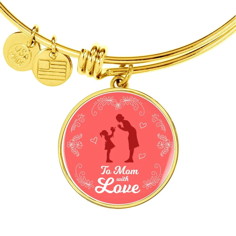 To Mom With Love Personalized Engraved Gold Circle Bangle Bracelet Custom Name